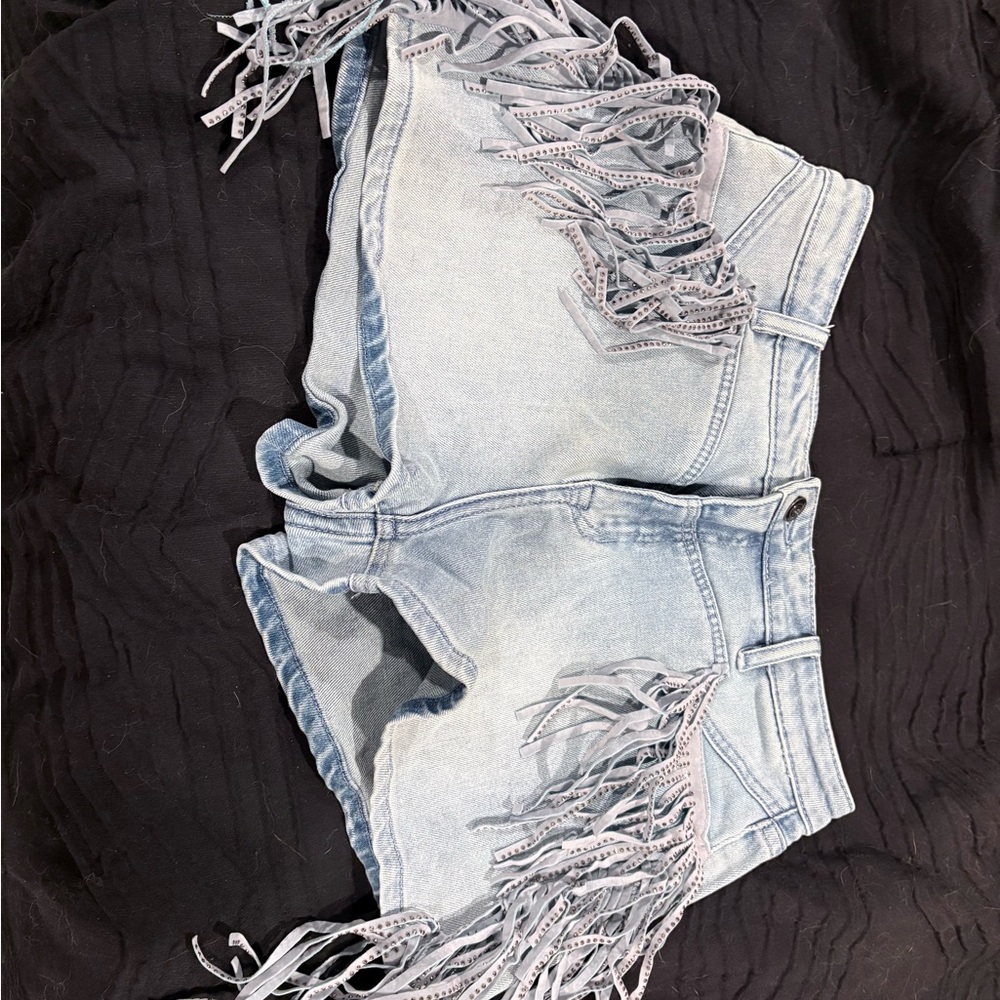 Light Blue Fringe Jean Shorts